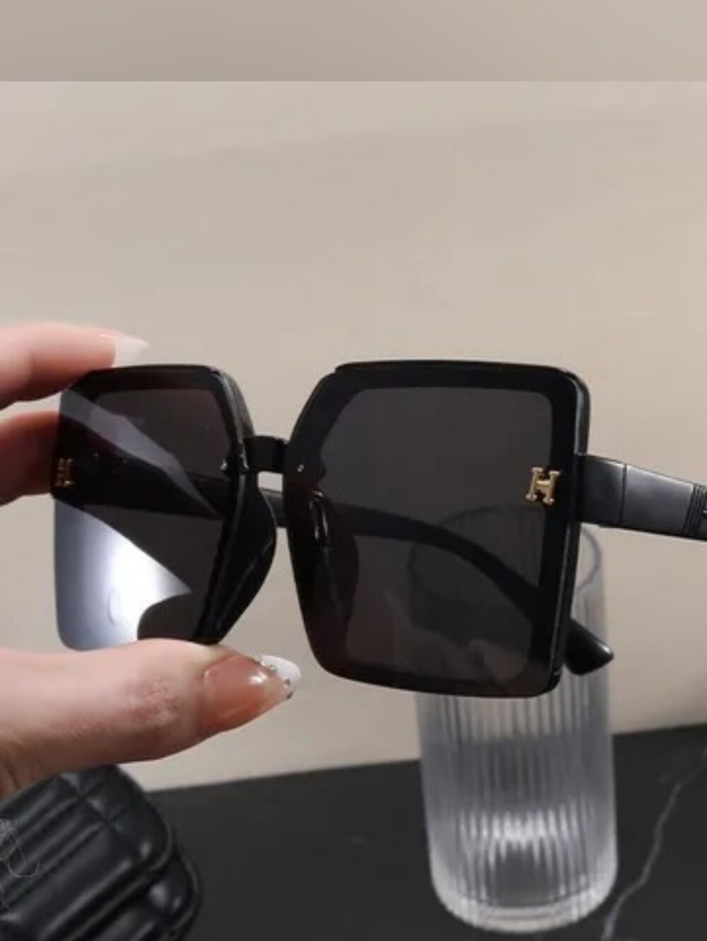 Black Square Oversized Sunglasses with Gold Accent